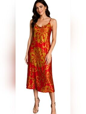Natori Private Luxuries Red Gold Floral Satin Slip Midi Dress Small